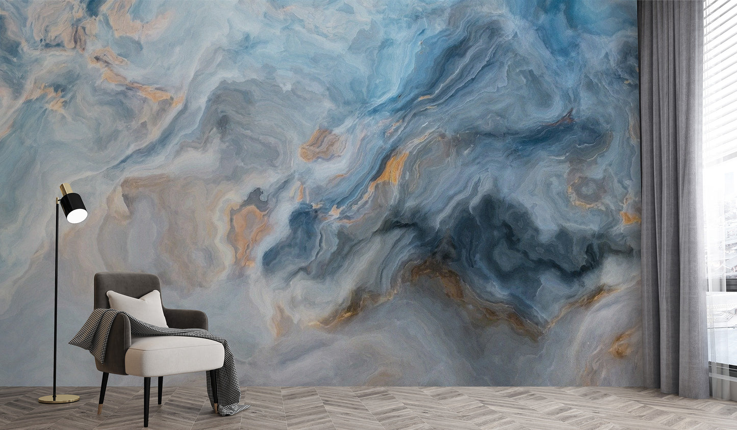 Blue Marble wallpaper mural styled along a hallway feature wall near a console in blue tones