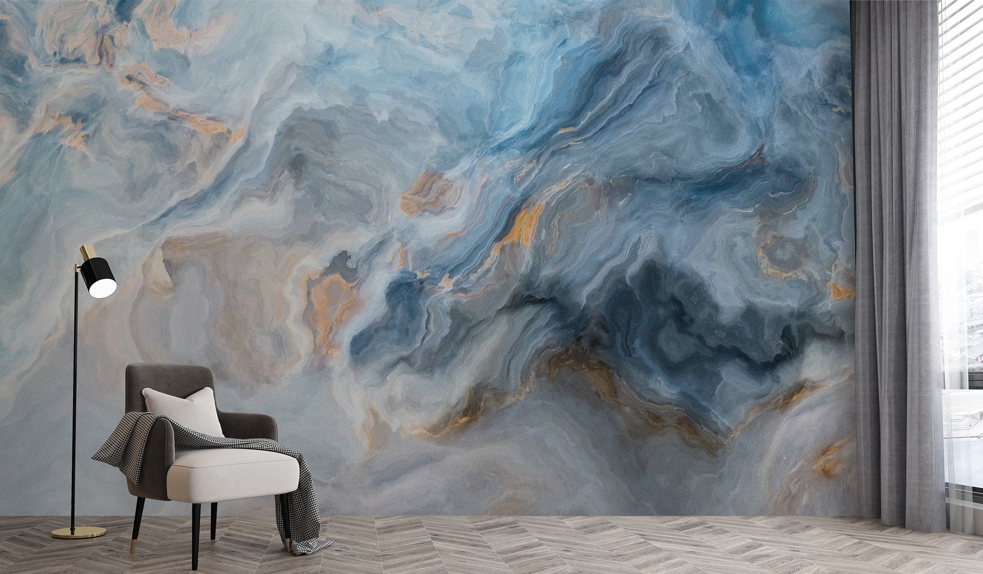 Blue Marble wallpaper mural styled along a hallway feature wall near a console in blue tones