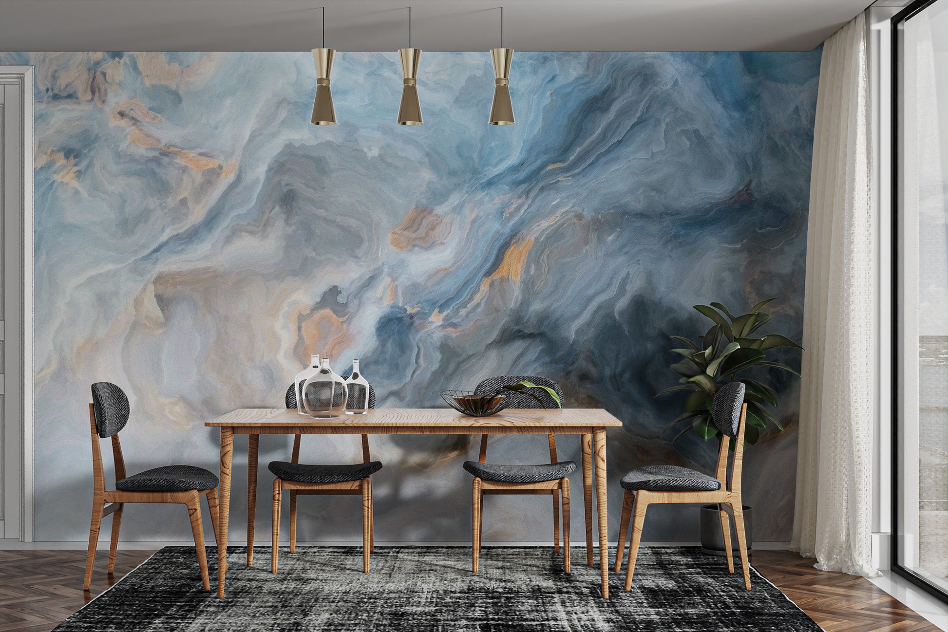 Blue Marble wallpaper mural as a feature wall in a home office workspace in blue tones