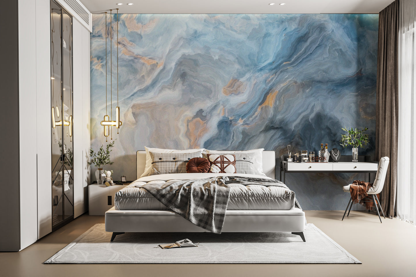 Blue Marble wallpaper mural styled as a feature wall behind a dining table and chairs in blue tones