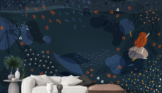 Blue Modern Abstract Floral wallpaper mural shown as a full feature wall that highlights the design