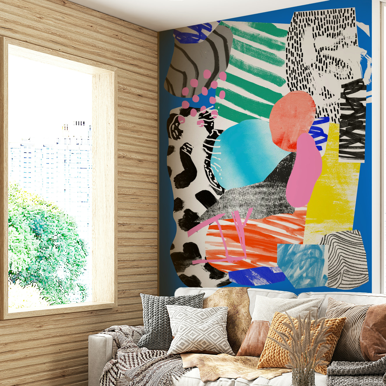 Serene wall mural with calming shades of blue, perfect for any room

