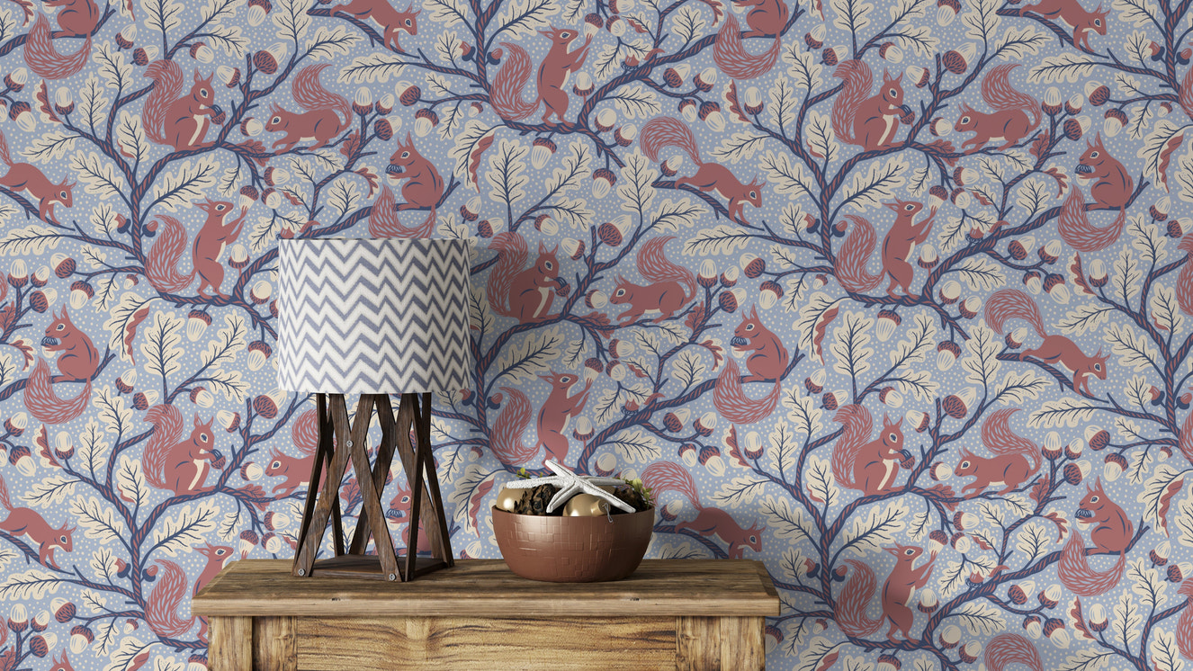 Blue wallpaper with squirrels in oak trees

