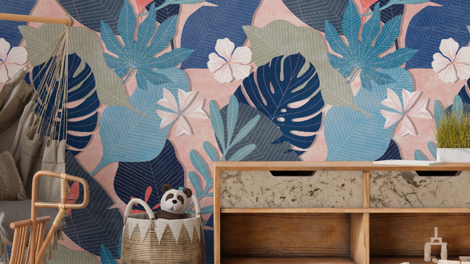 Serene blue oasis foliage wallpaper for tranquil wall decor.
