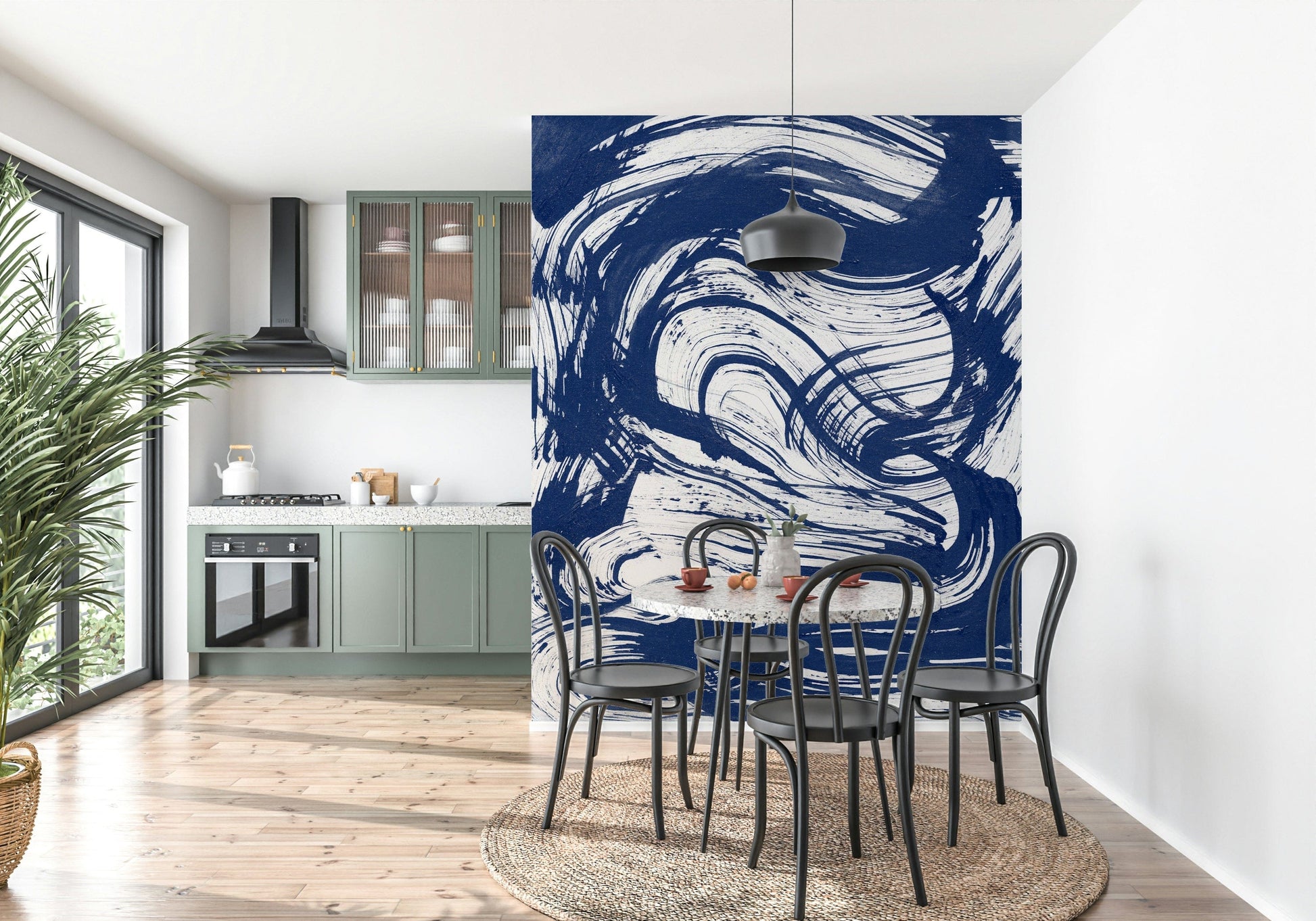 A calming water movement wallpaper mural that defines a space.

