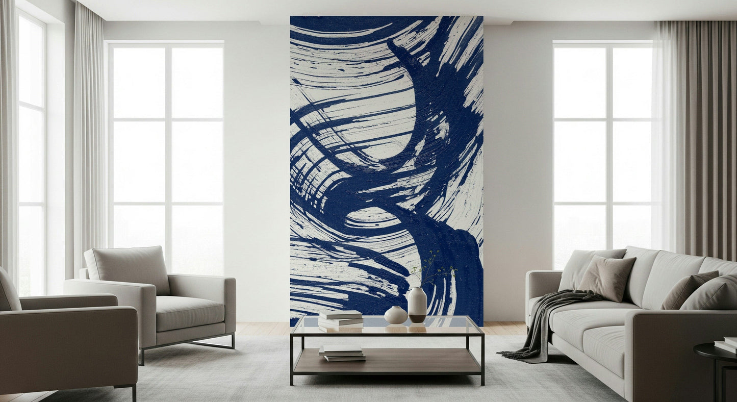 An artistic seaside horizon mural on minimalist wallpaper.

