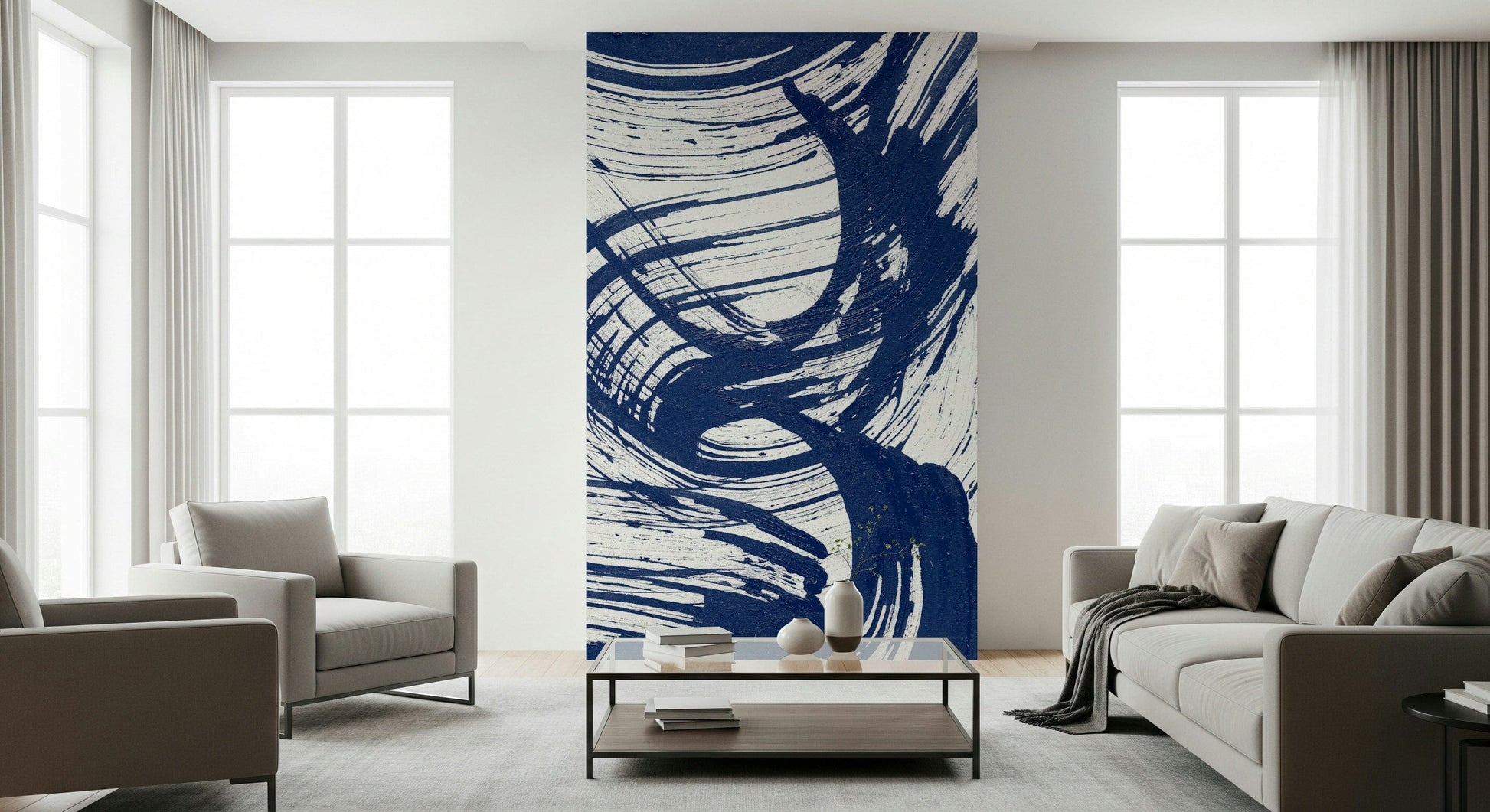 An artistic seaside horizon mural on minimalist wallpaper.


