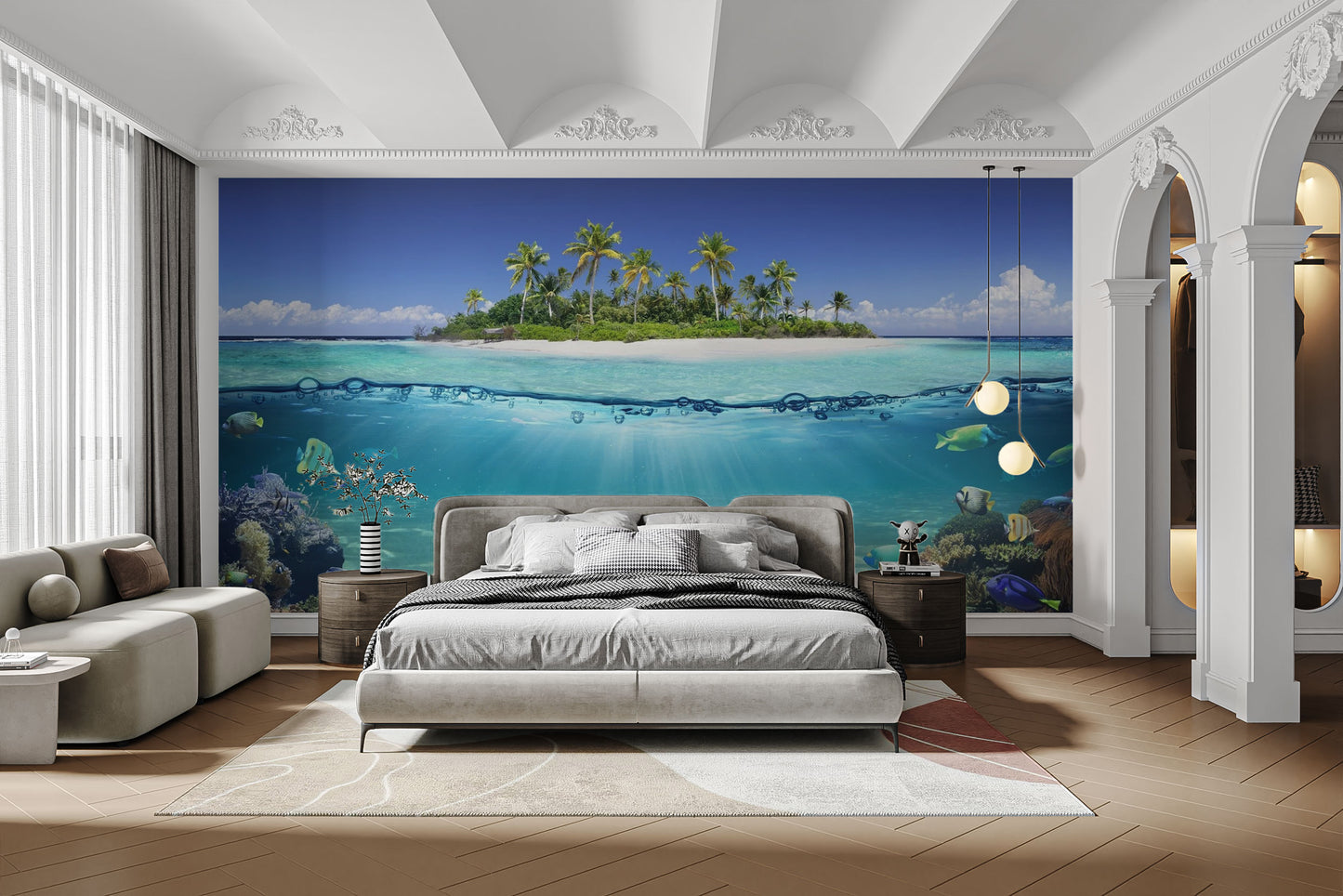 Blue Ocean Island Beach Wallpaper Mural - Giffywalls