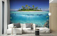 Blue Ocean Island Beach Wallpaper Mural - Giffywalls