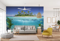Tropical beach wallpaper mural with vibrant blue ocean tones.