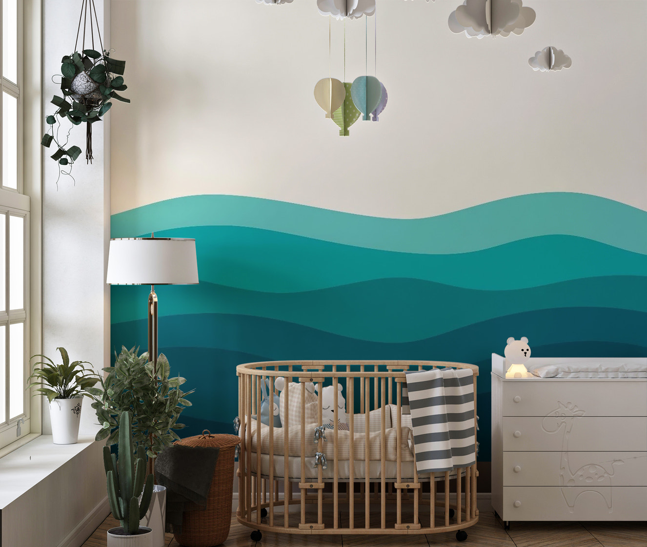 Artistic seascape wall mural featuring a rolling turquoise crest.
