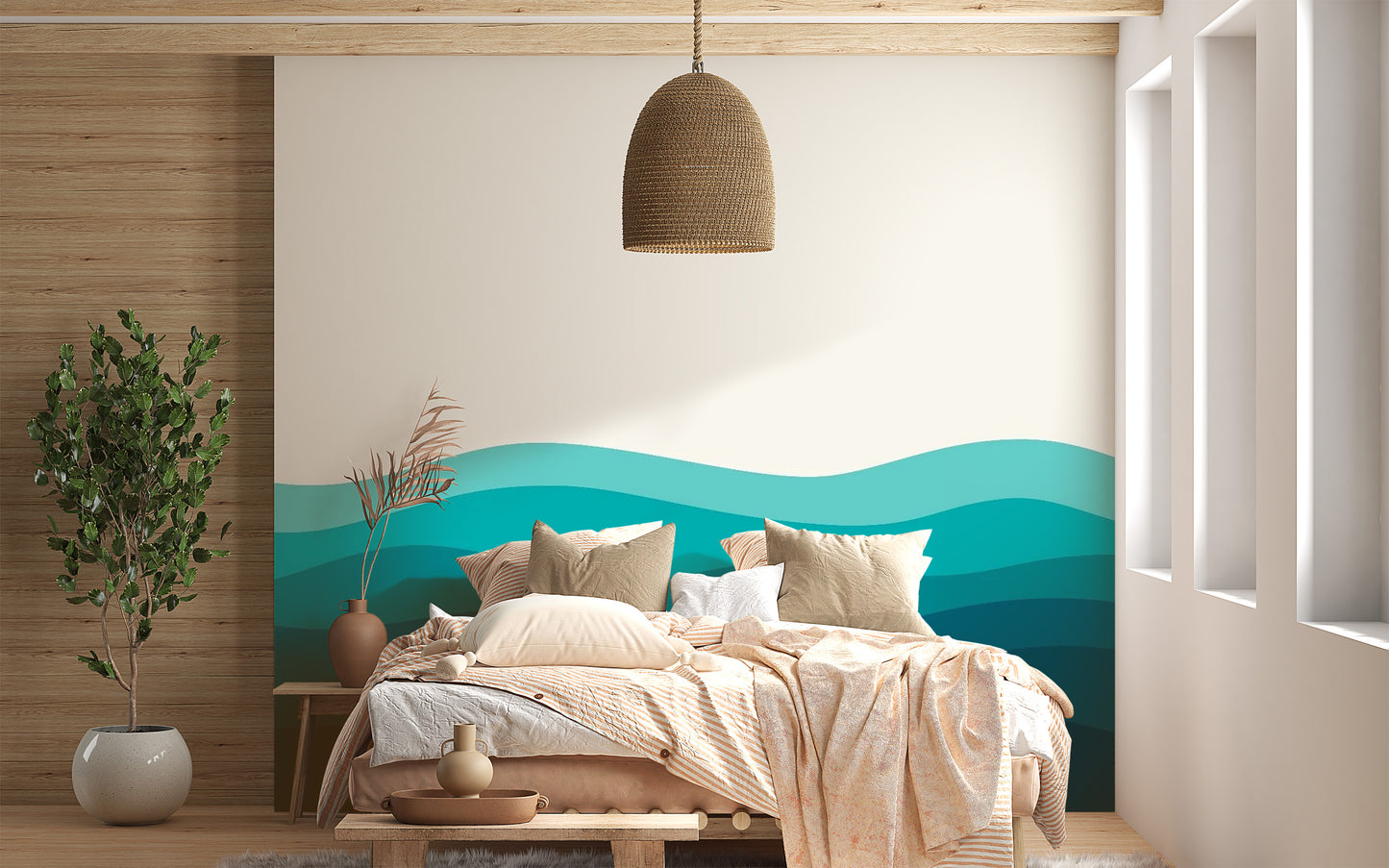 Majestic blue ocean wave wallpaper mural with white sea foam.
