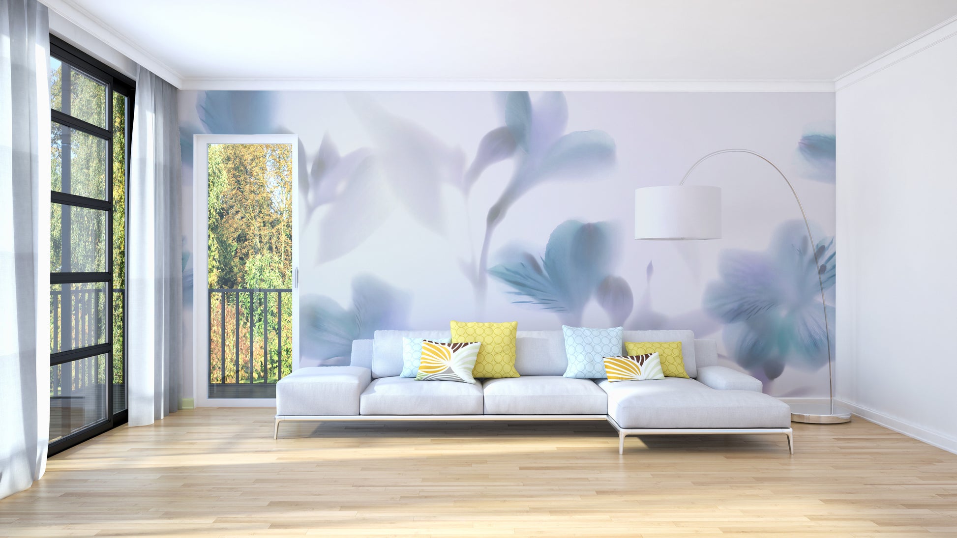 Blue Orchids Foggy wallpaper mural styled along a hallway feature wall near a console in blue tones