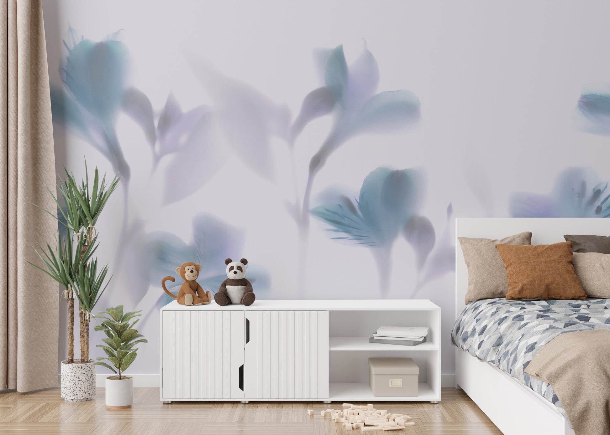 Blue Orchids Foggy wallpaper mural as a feature wall in a home office workspace in blue tones