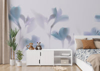 Blue Orchids Foggy wallpaper mural as a feature wall in a home office workspace in blue tones