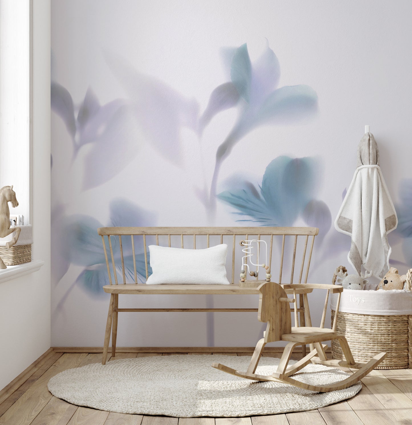 Blue Orchids Foggy wallpaper mural styled as a feature wall behind a dining table and chairs in blue tones