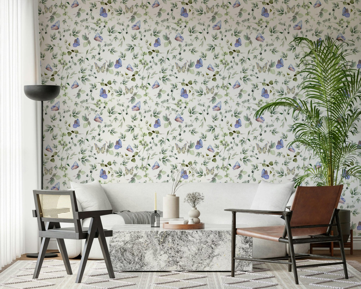 Modern hallway styling using a large butterfly wallpaper in soft natural colors.