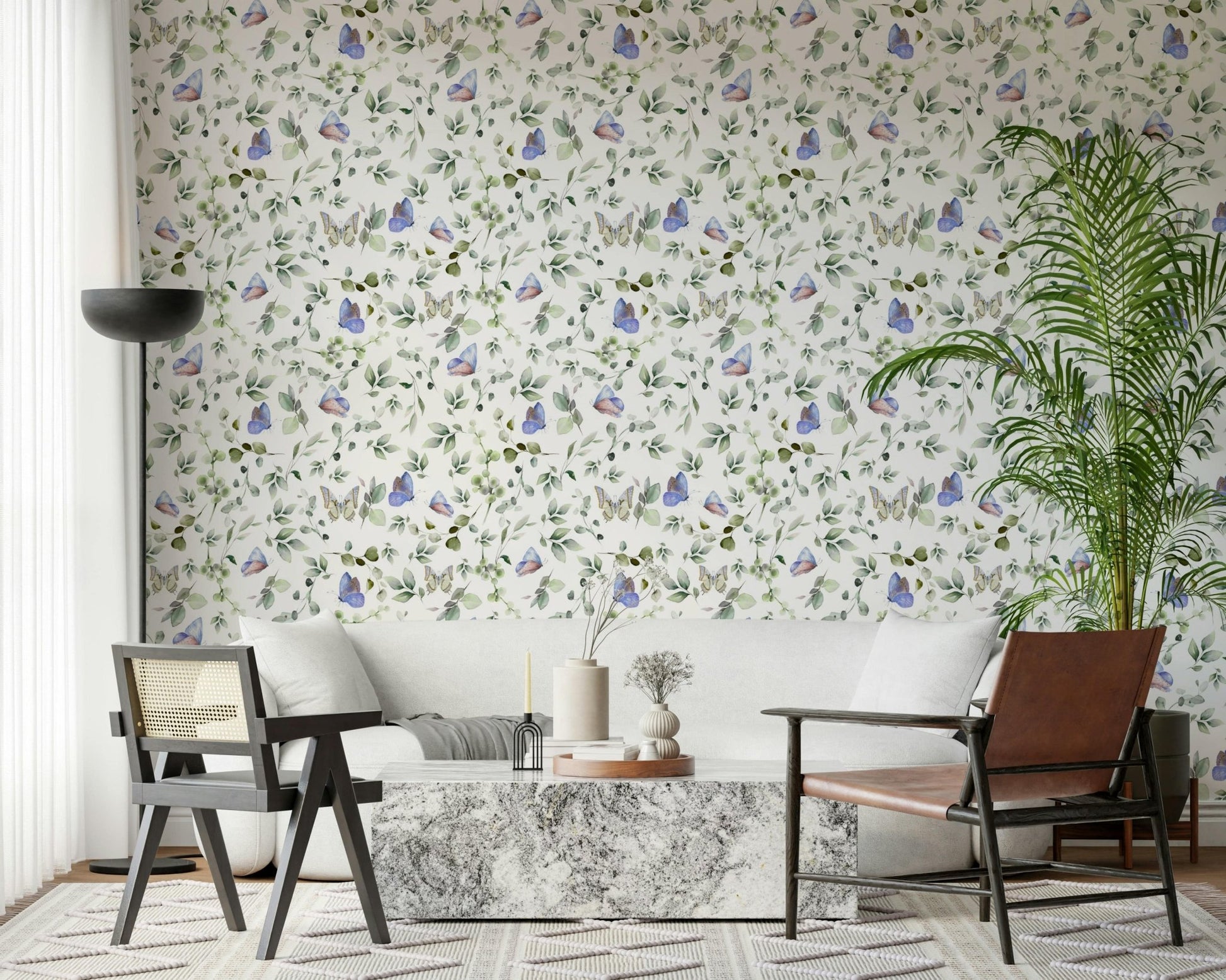 Modern hallway styling using a large butterfly wallpaper in soft natural colors.