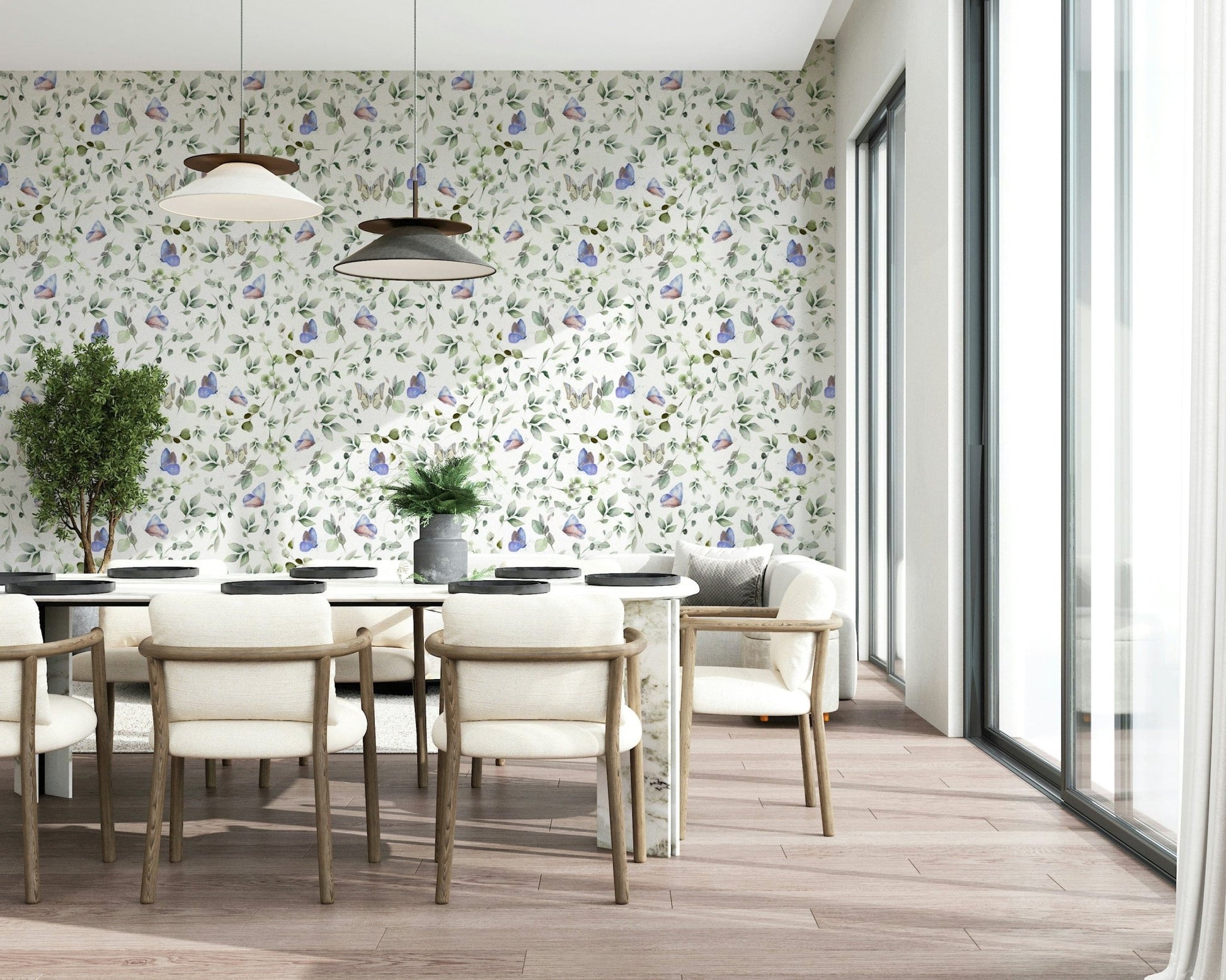 Soft blue butterfly wallpaper in an apartment bedroom with neutral bedding.