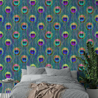 A detailed print of peacock plumage on a blue background.

