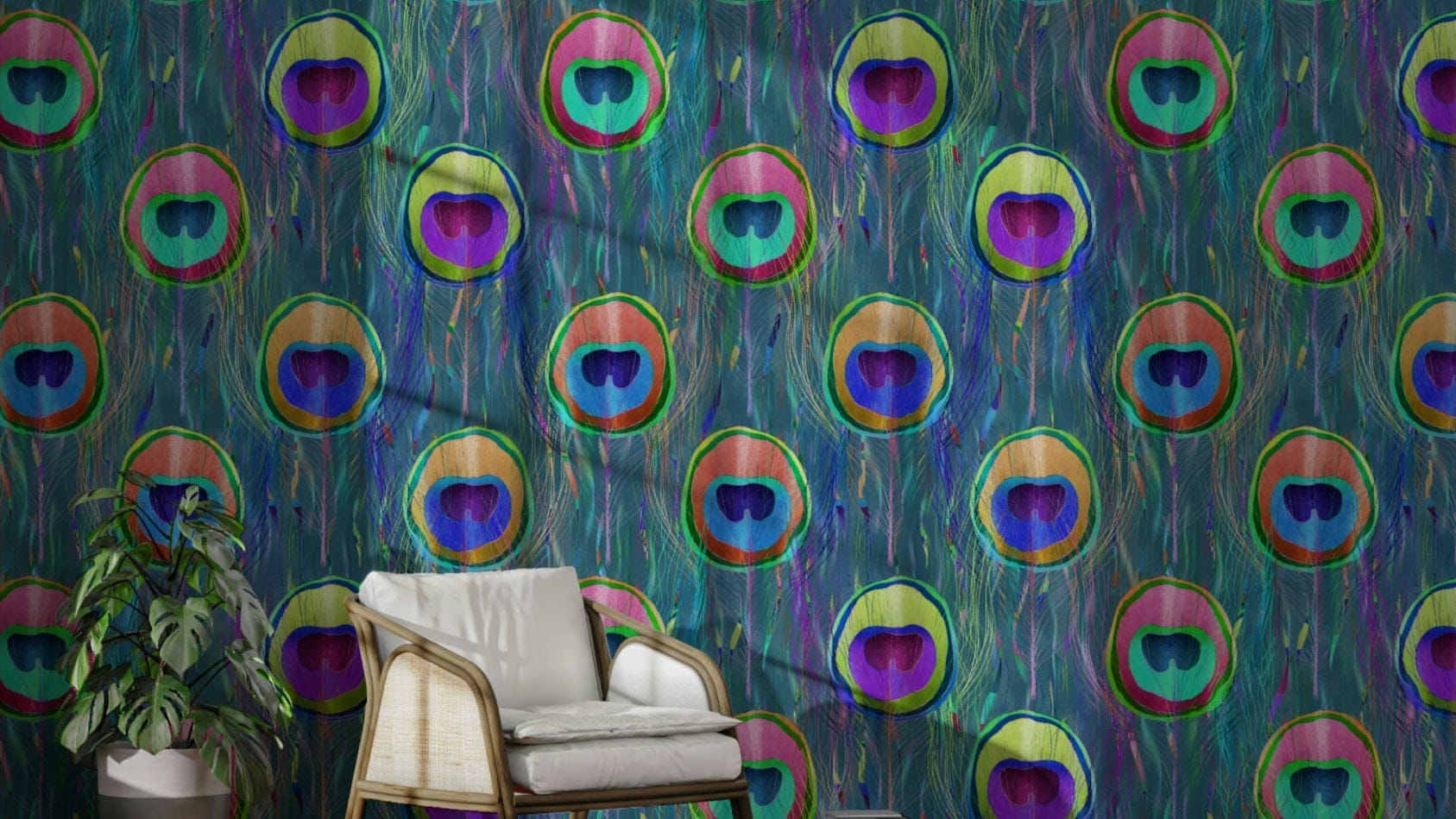 Wallpaper with a pattern of blue and turquoise peacock feathers.

