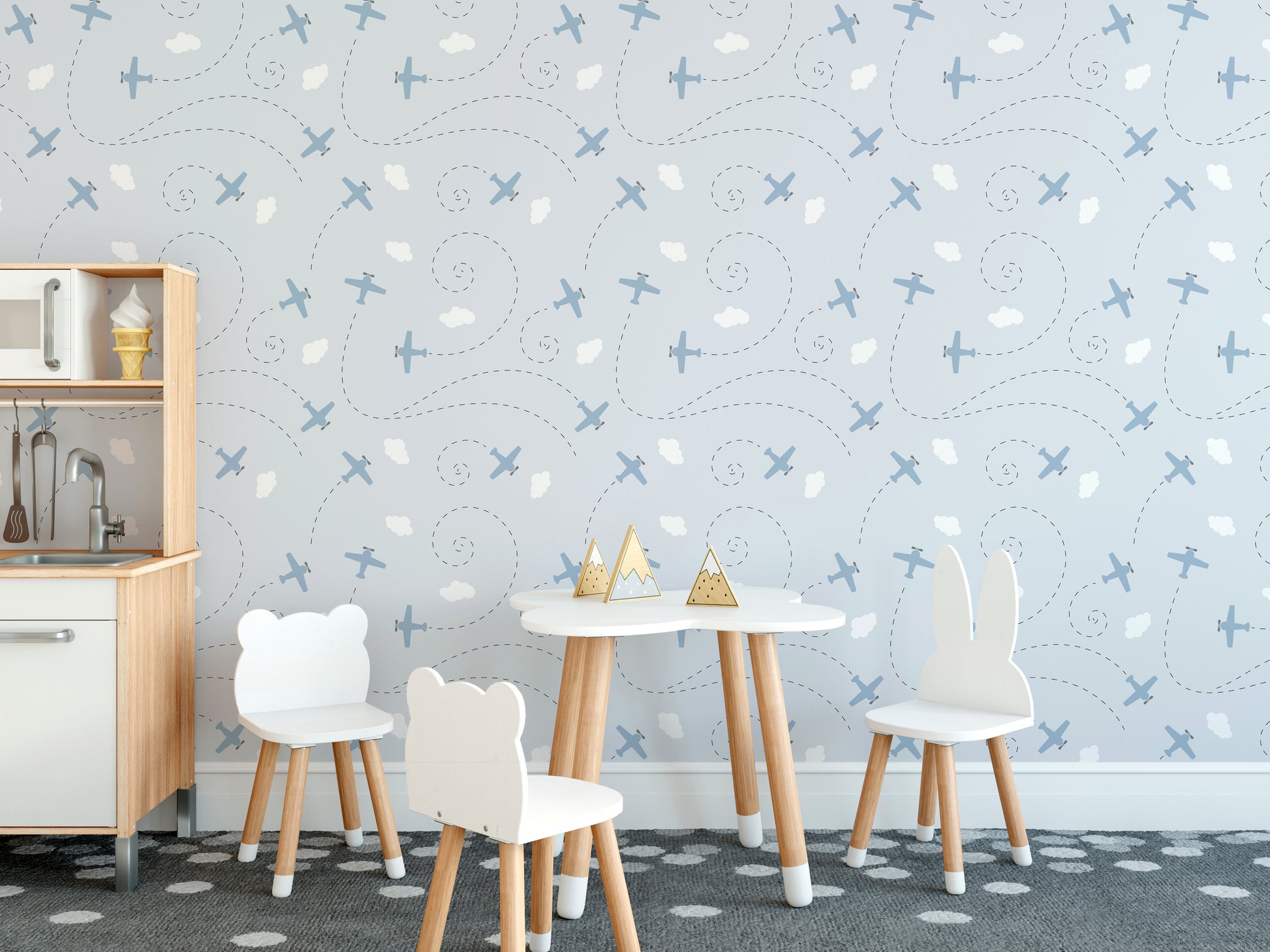 Light blue airplane and cloud mural wallpaper
