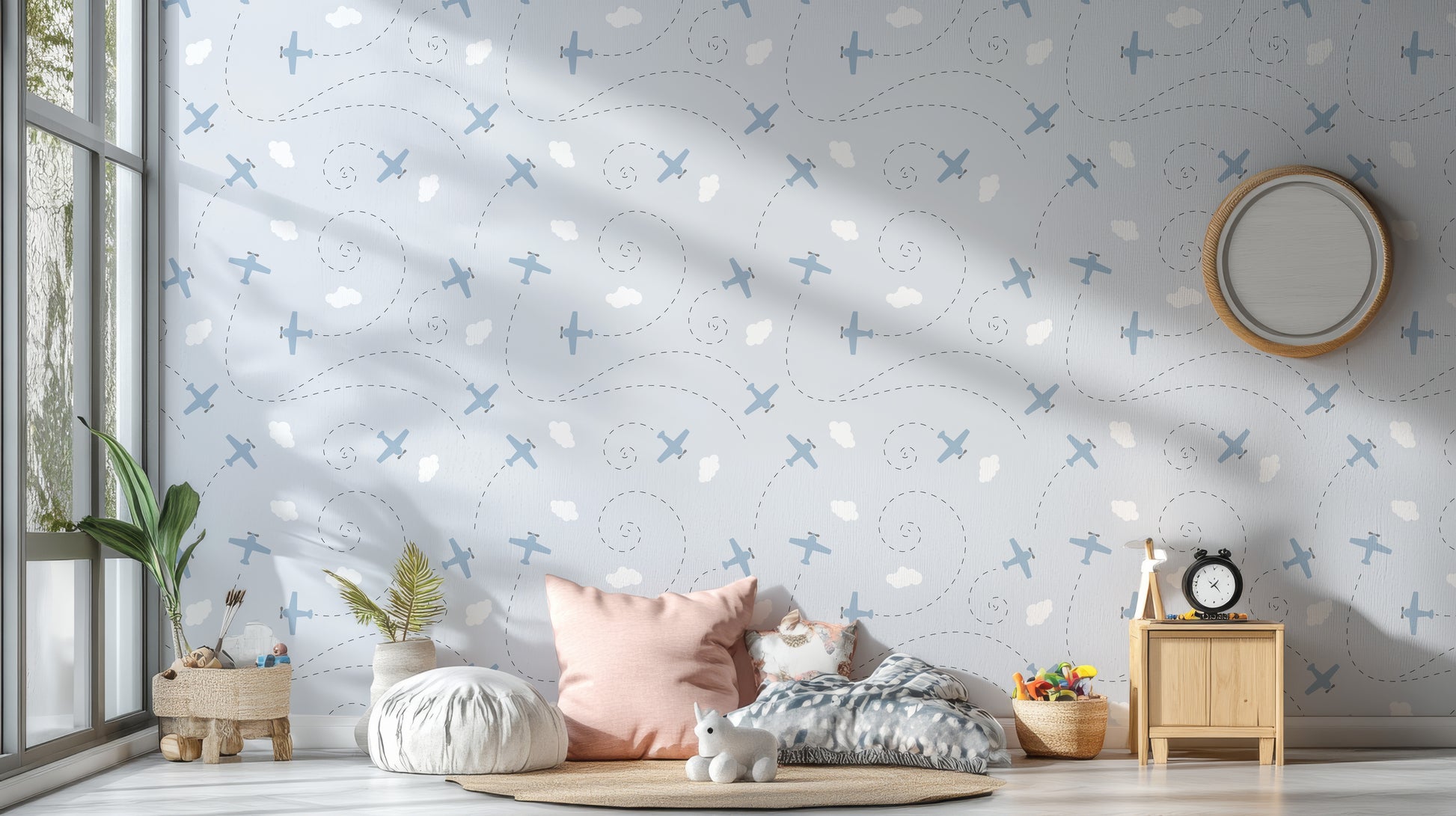 Airplane and cloud-themed wallpaper design

