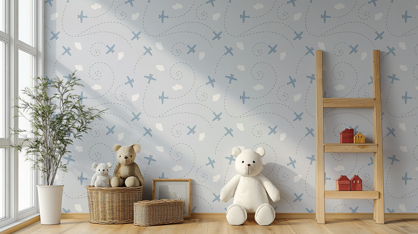 Dotted flight path wallpaper with planes
