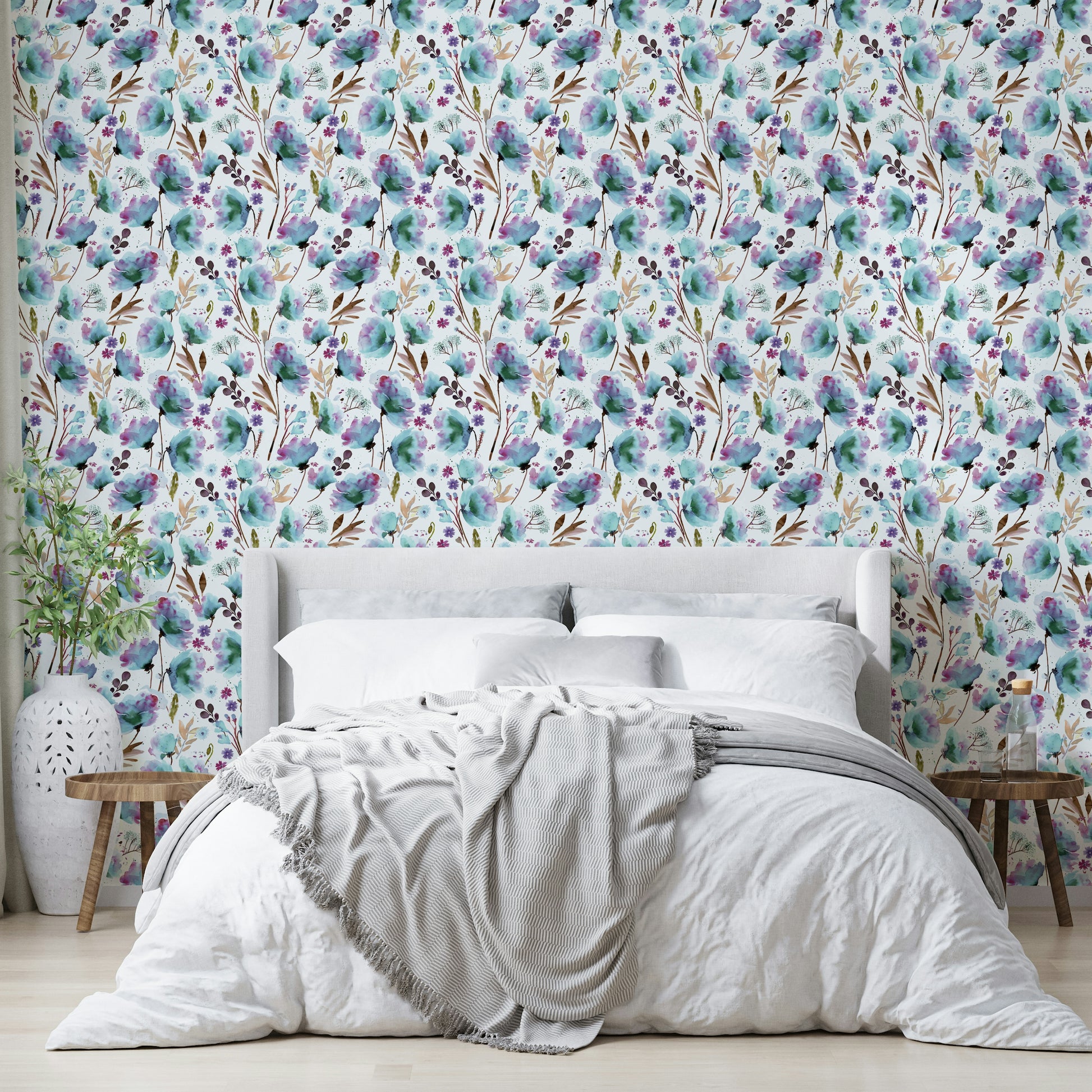 Artistic floral wall mural in violet and azure tones

