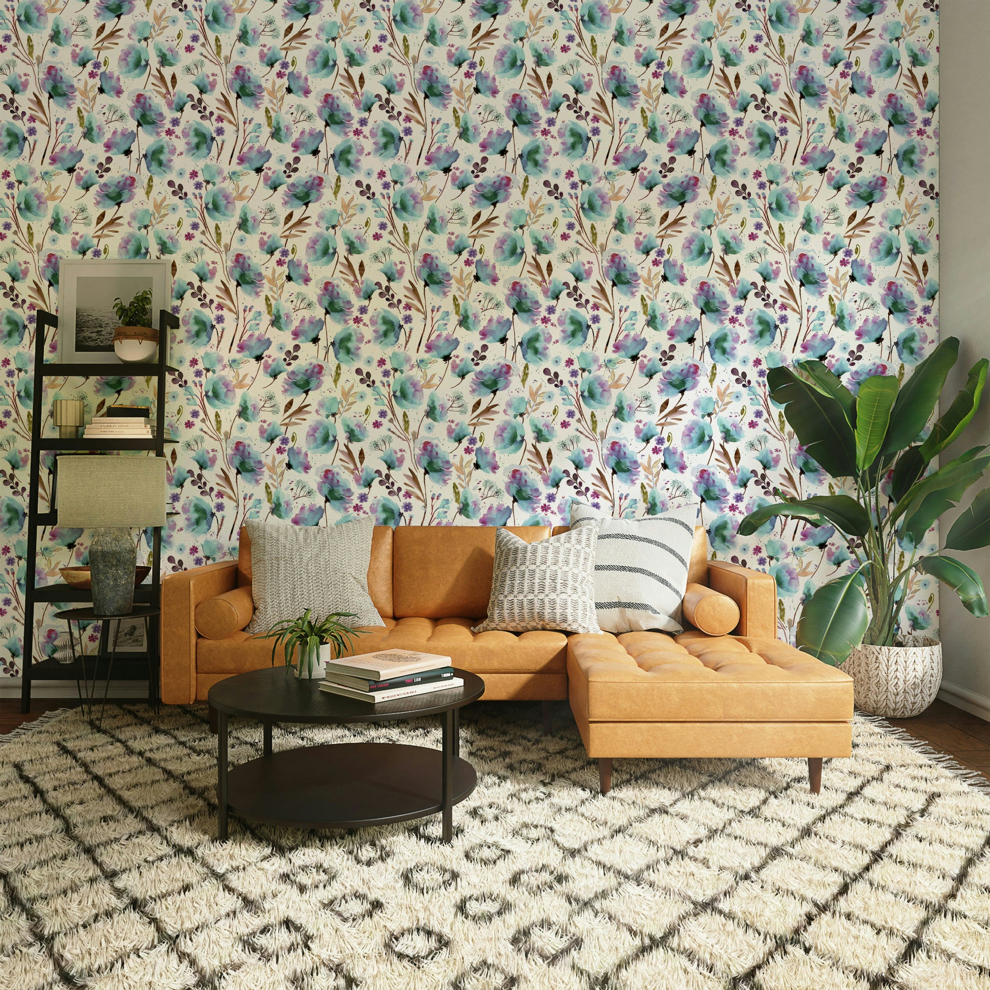 Blue and purple floral mural with poppy patterns

