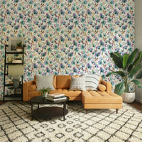 Blue and purple floral mural with poppy patterns

