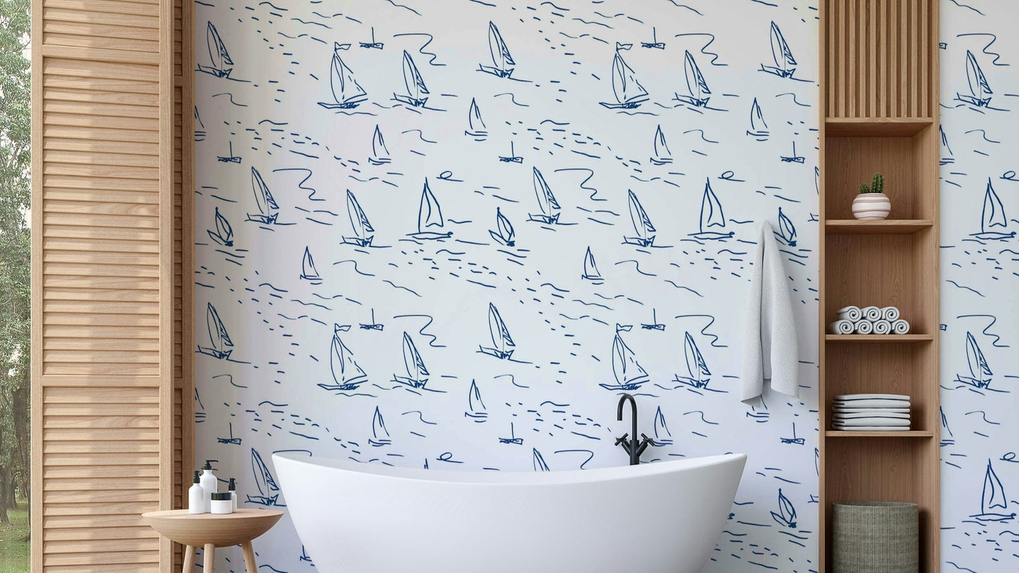 Study with a sketched sailboat wall mural

