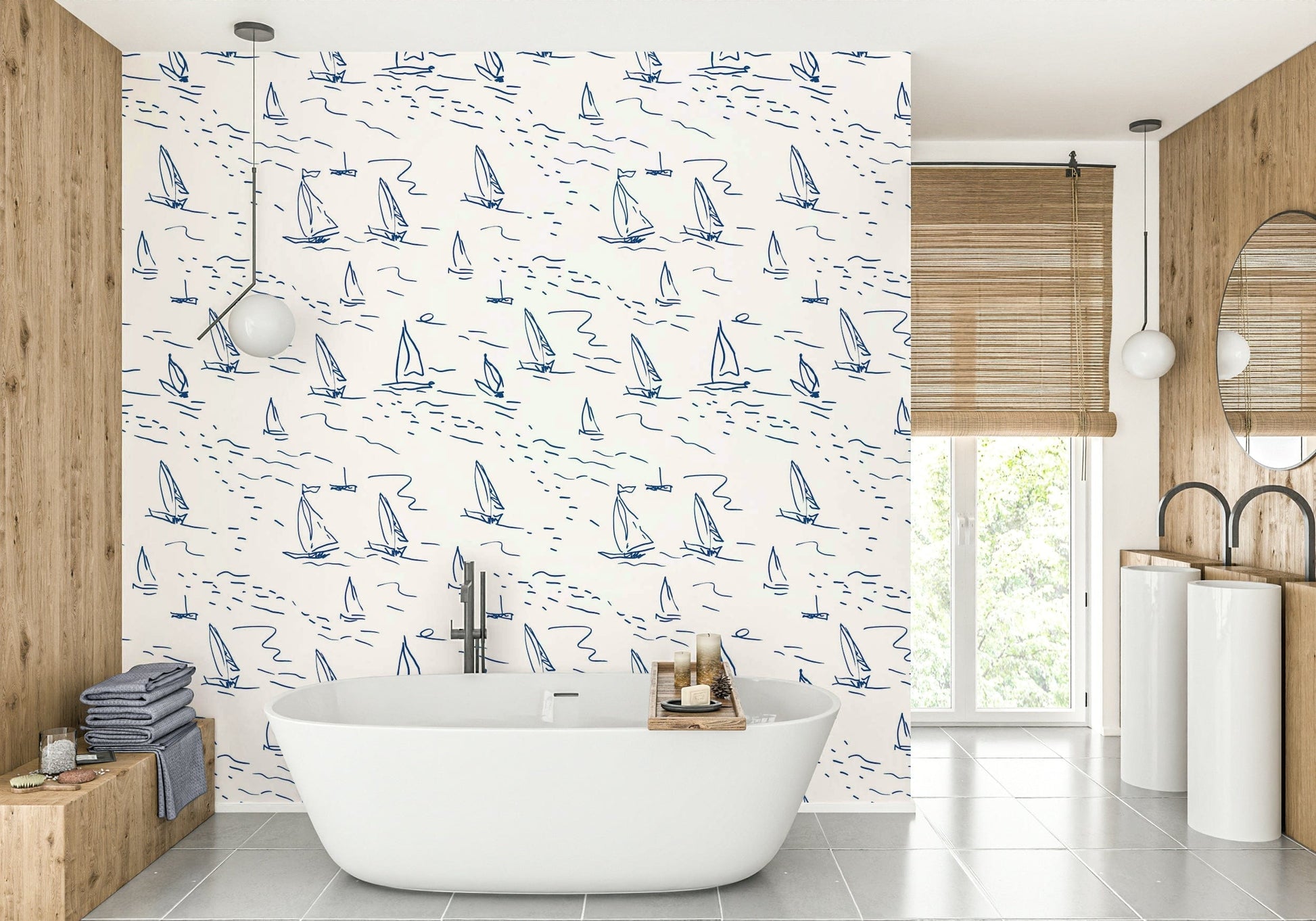 A bathroom decorated with sailboat wallpaper

