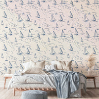 Sketched sailboats wallpaper on a wall

