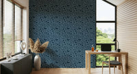 Wall mural Blue Folk, stylized blossoms, dark sapphire palette.