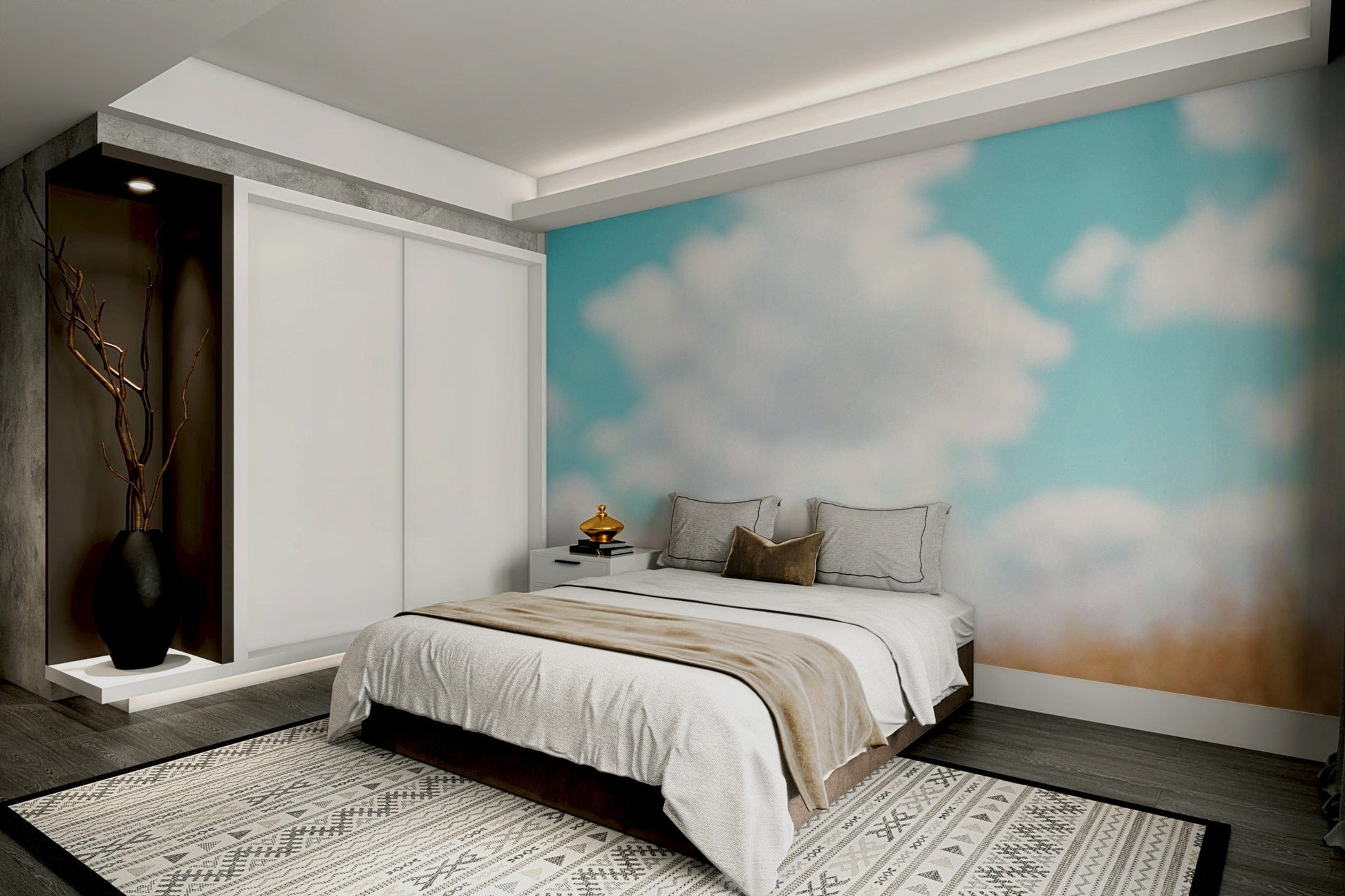 A living room featuring the serene wall mural.

