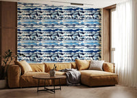 Home décor idea using Blue Tide Wallpaper for a tranquil study or home library.