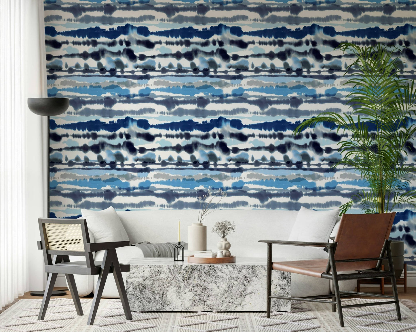 Blue Tide Wallpaper in a modern kitchen breakfast nook with minimalist cabinetry.