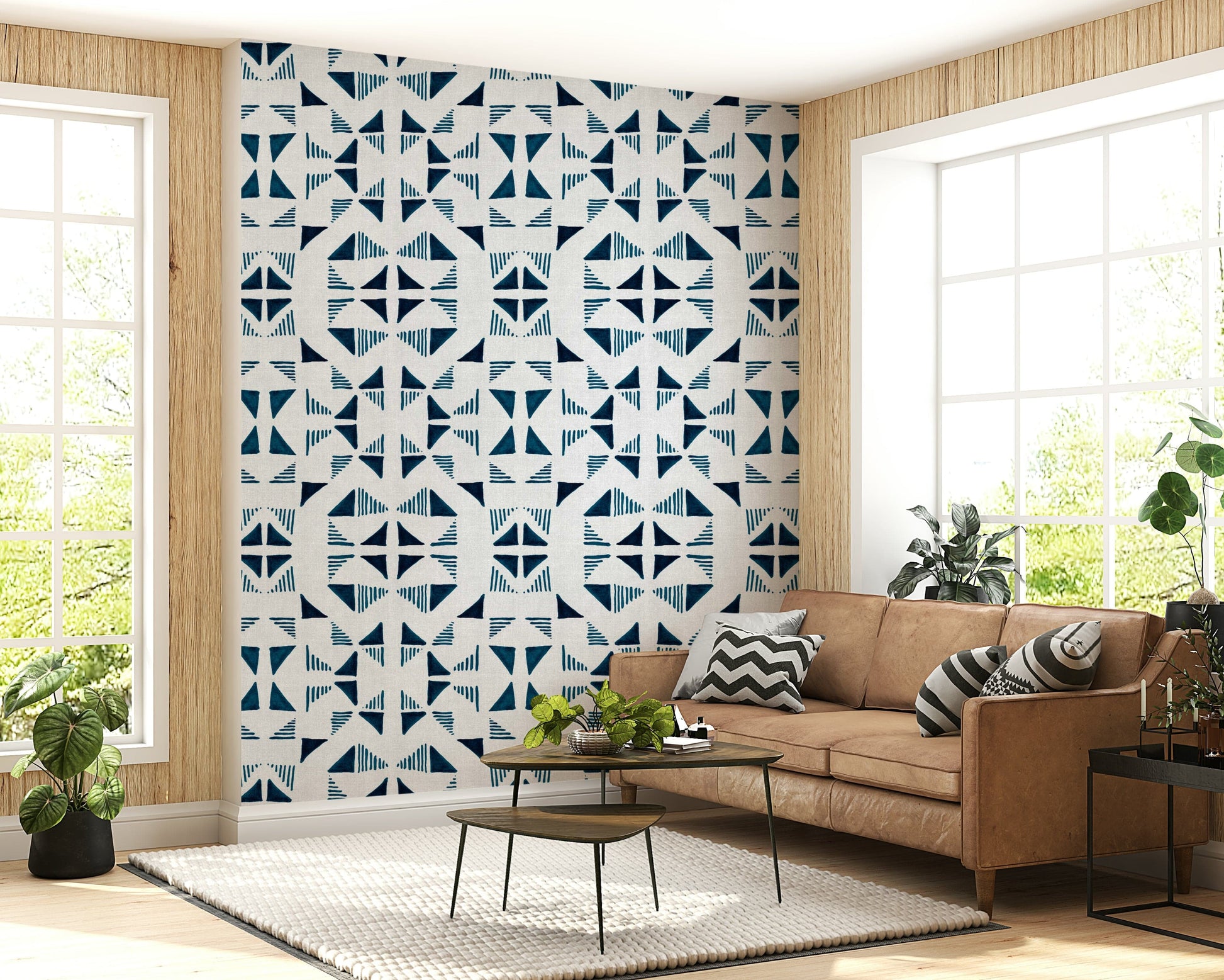 Contemporary wall mural featuring blue gradient triangles for a stylish, modern accent wall.