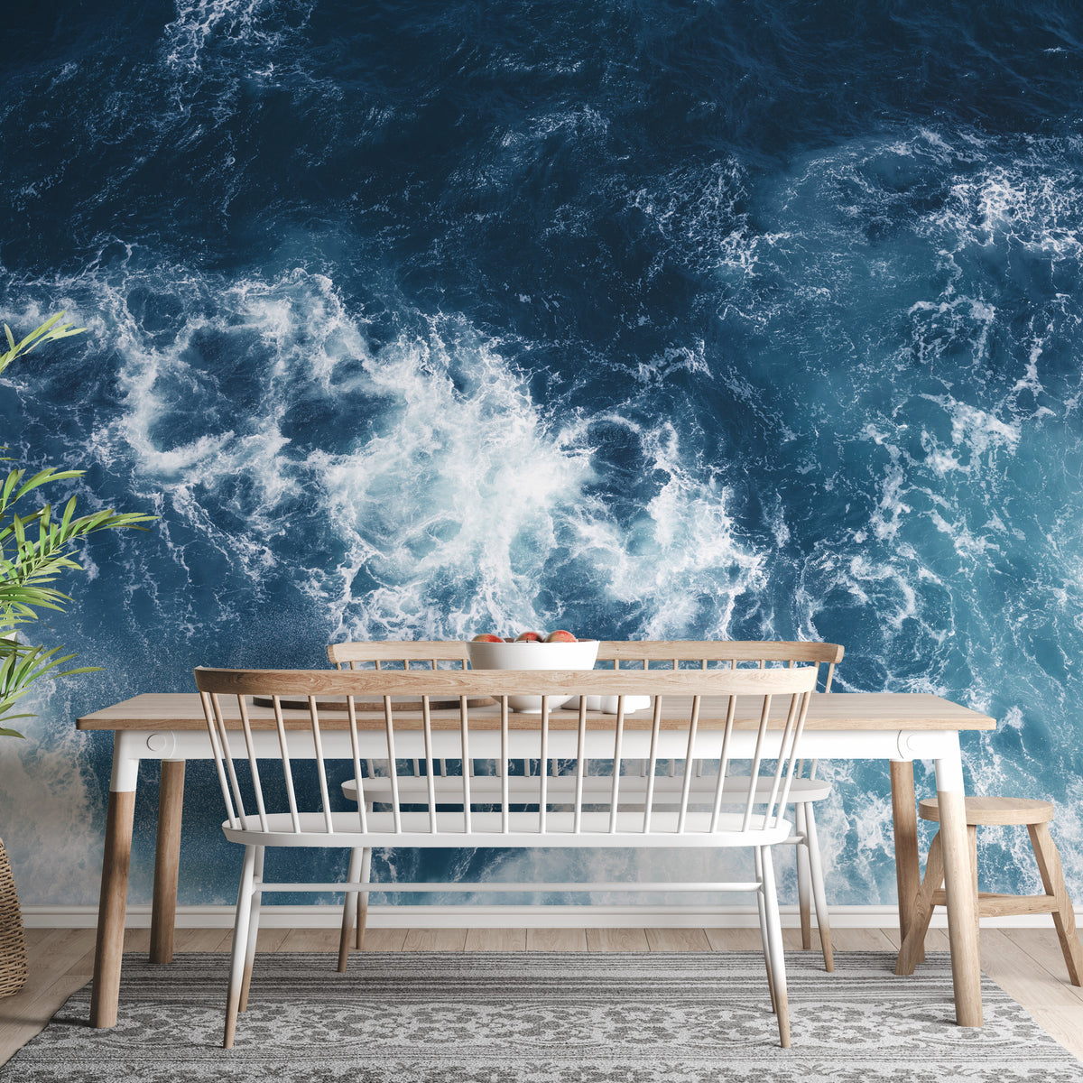 Blue Water wallpaper mural as a feature wall in a home office workspace in blue tones