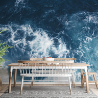 Blue Water wallpaper mural as a feature wall in a home office workspace in blue tones