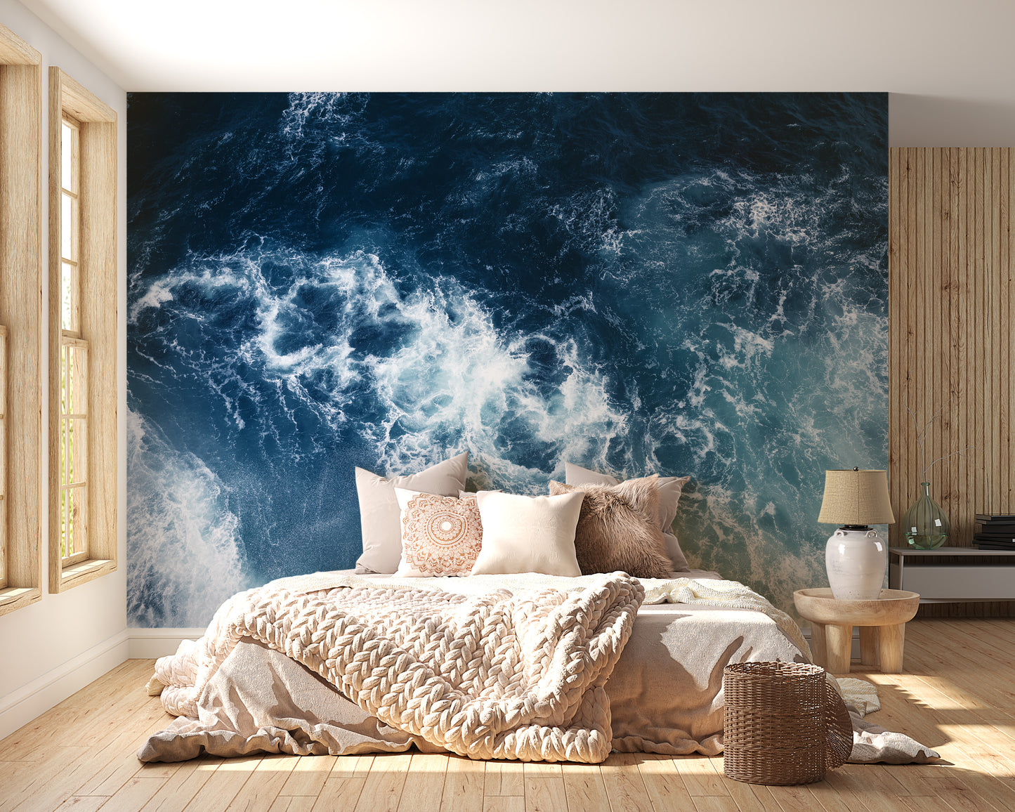 Blue Water wallpaper mural styled as a feature wall behind a dining table and chairs in blue tones