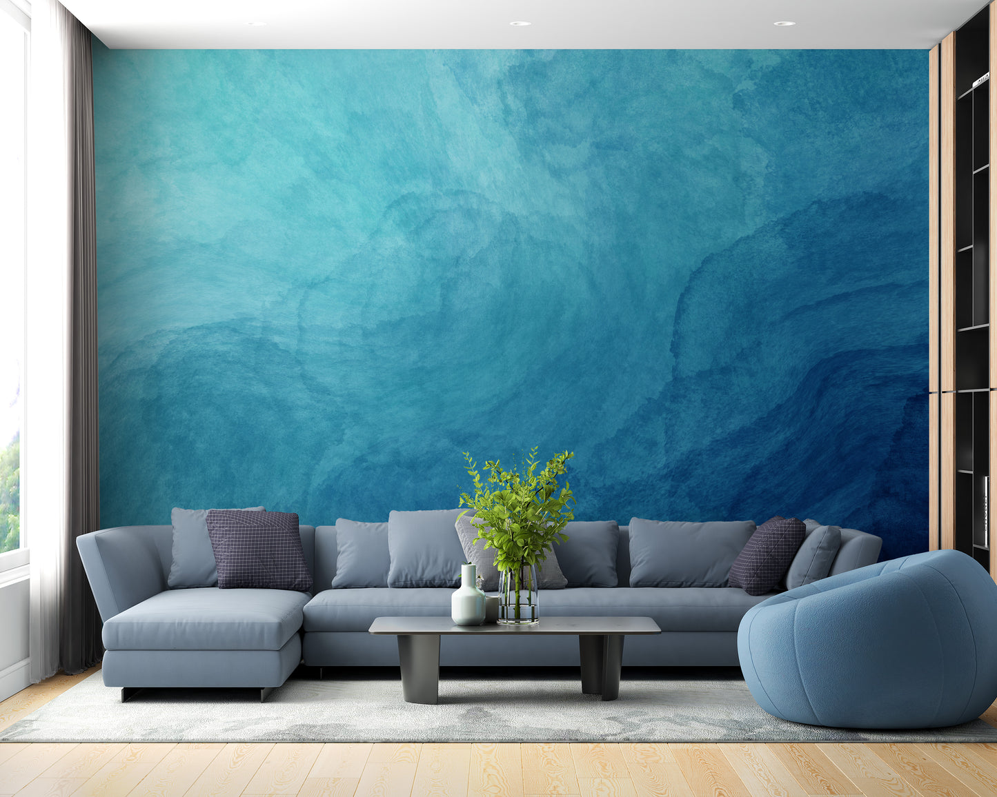 Blue Watercolor Abstract Design wallpaper mural shown as a full feature wall that highlights the design