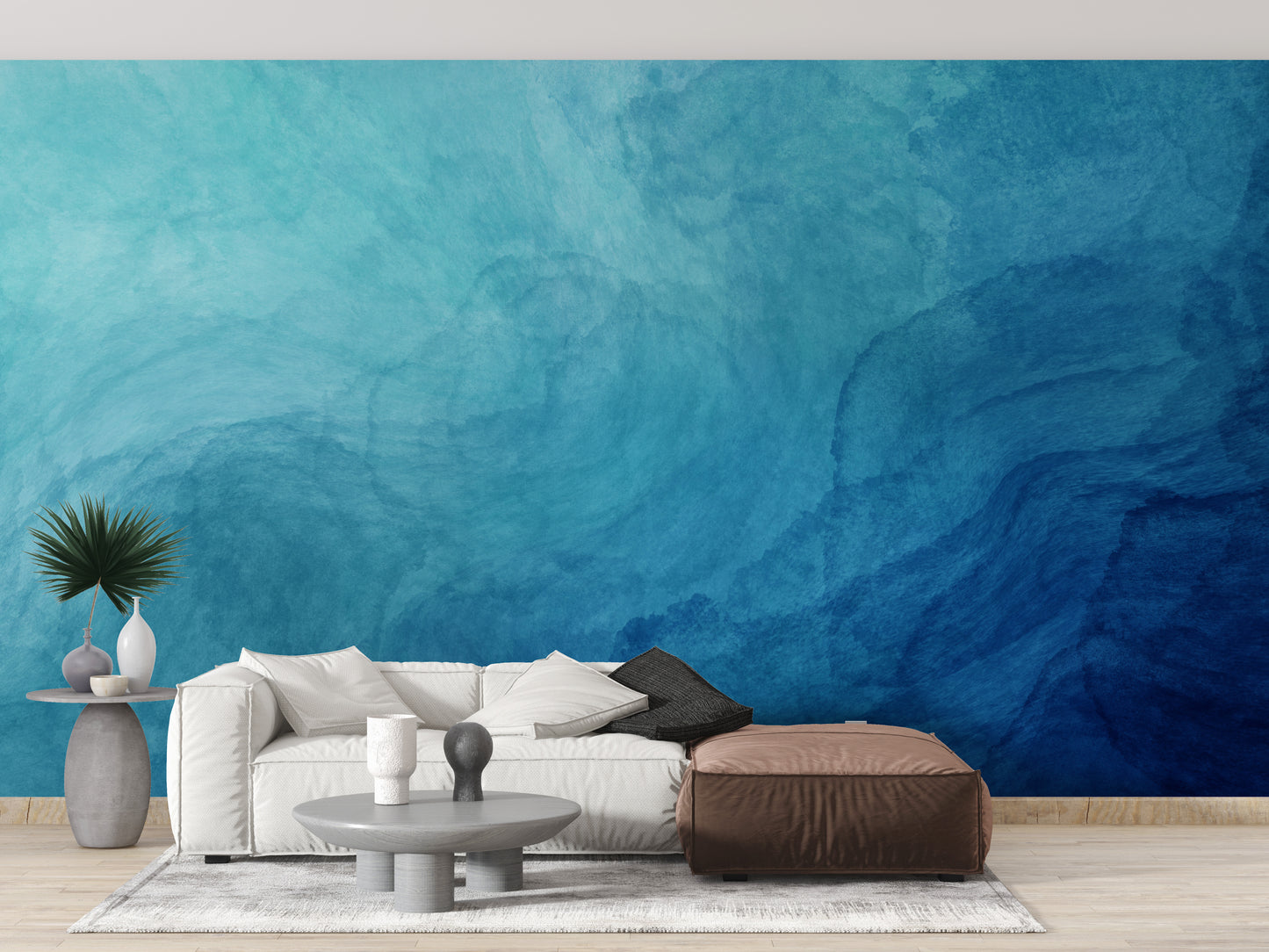 Blue Watercolor Abstract Design wallpaper mural styled along a hallway feature wall near a console in blue tones