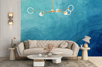 Blue Watercolor Abstract Design wallpaper mural as a feature wall in a home office workspace in blue tones