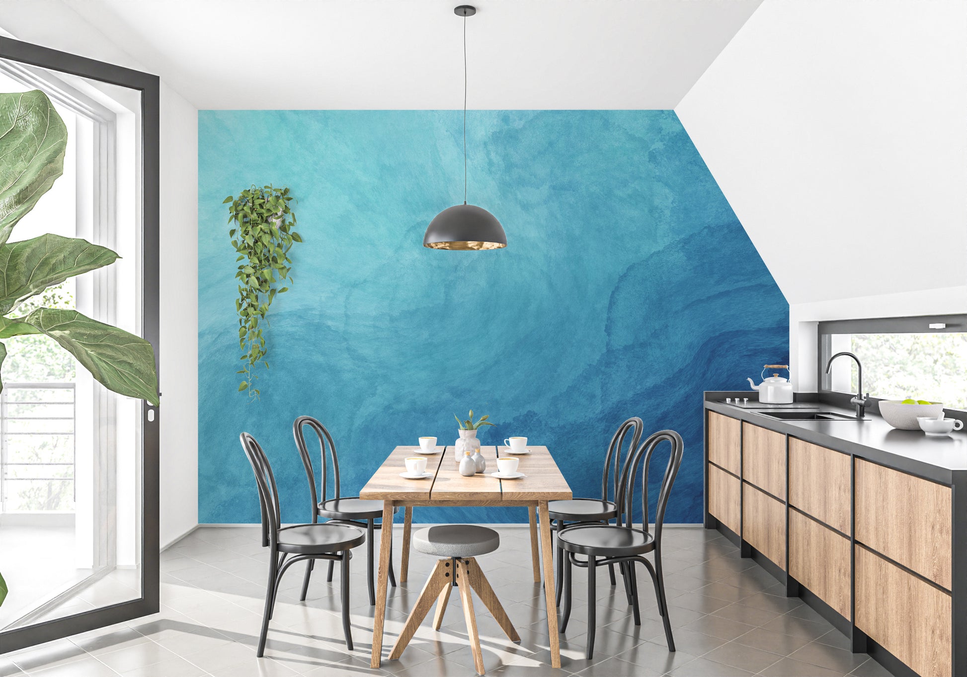 Blue Watercolor Abstract Design wallpaper mural styled as a feature wall behind a dining table and chairs in blue tones