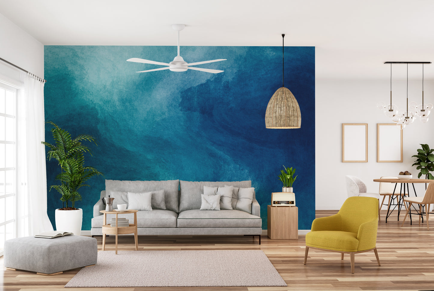 Blue Watercolor Liquid Paint wallpaper mural styled along a hallway feature wall near a console in blue tones