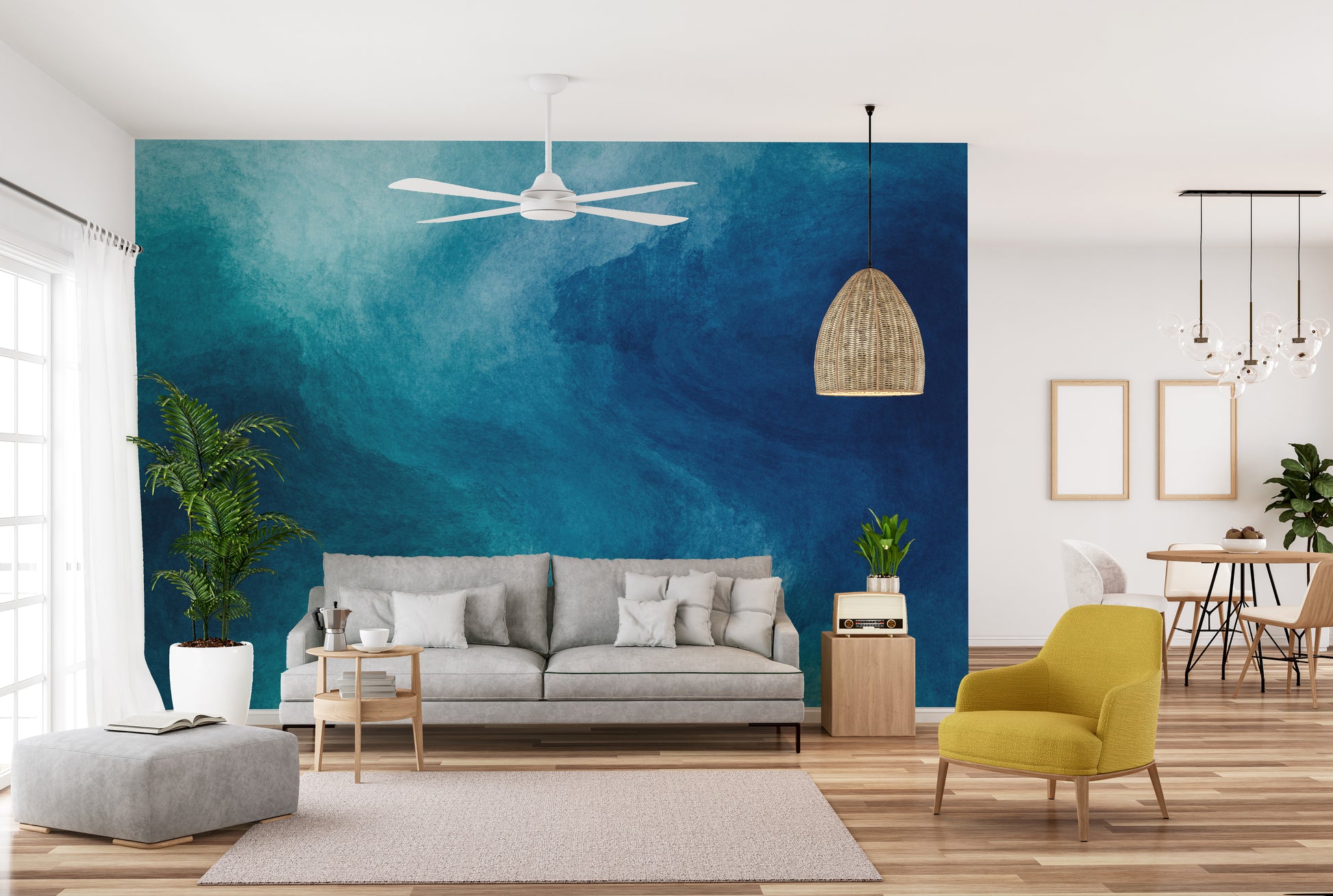 Blue Watercolor Liquid Paint wallpaper mural styled along a hallway feature wall near a console in blue tones