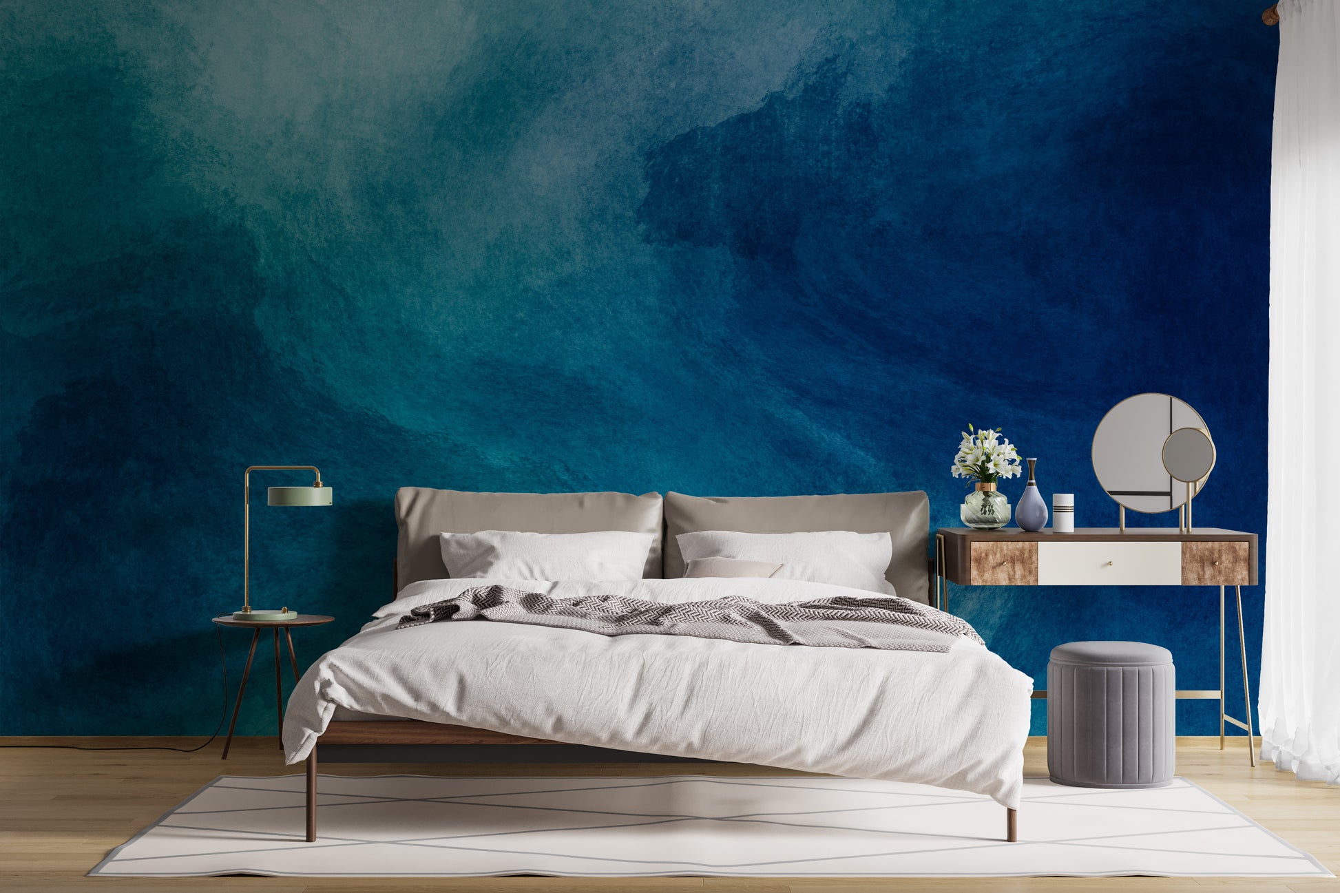 Blue Watercolor Liquid Paint wallpaper mural as a feature wall in a home office workspace in blue tones