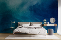 Blue Watercolor Liquid Paint wallpaper mural as a feature wall in a home office workspace in blue tones